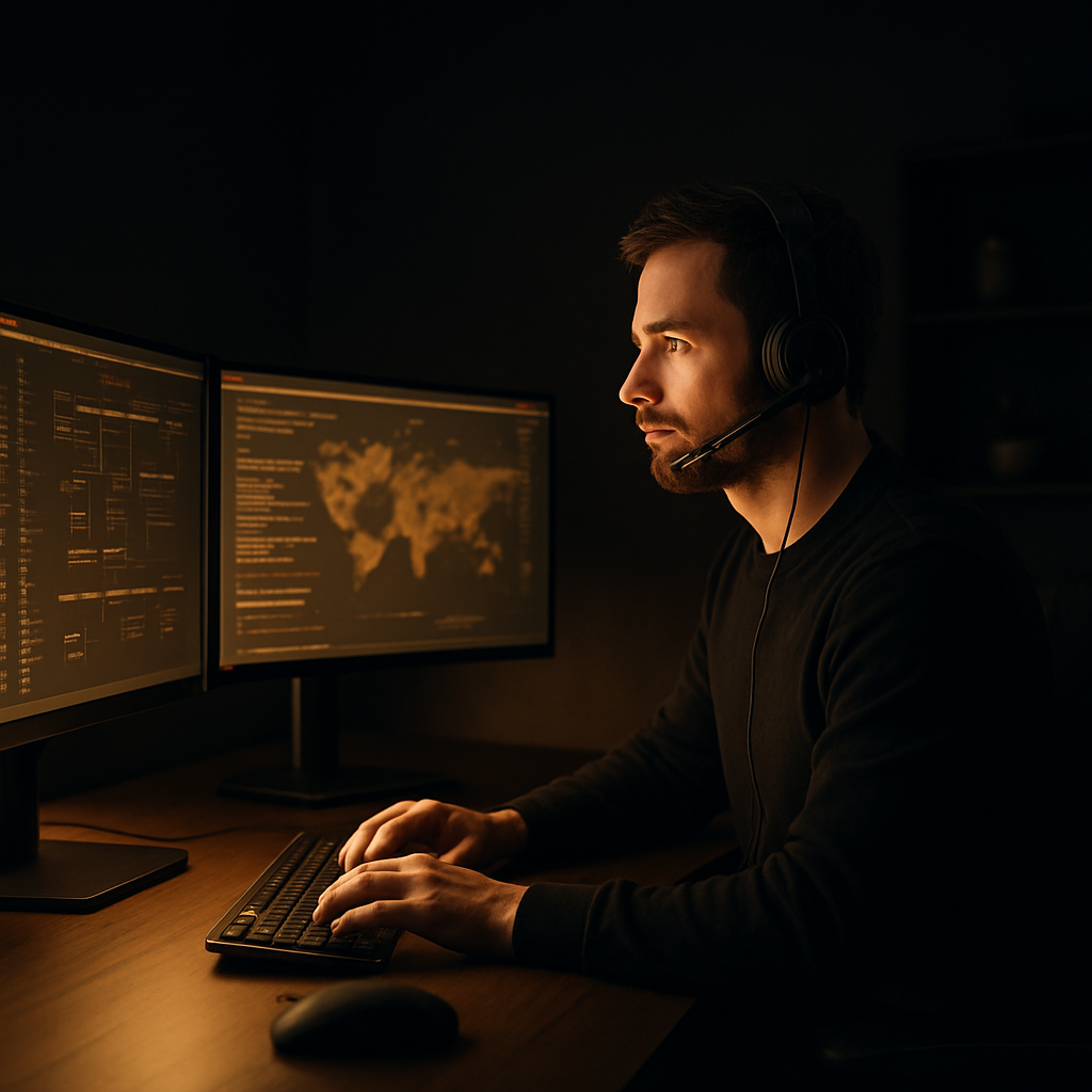 Remote operations specialist at a multi-monitor workstation