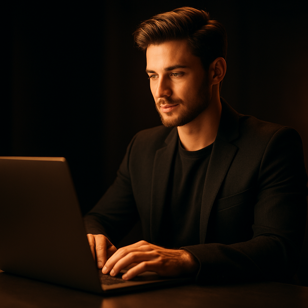 Creator working on a laptop in a modern studio